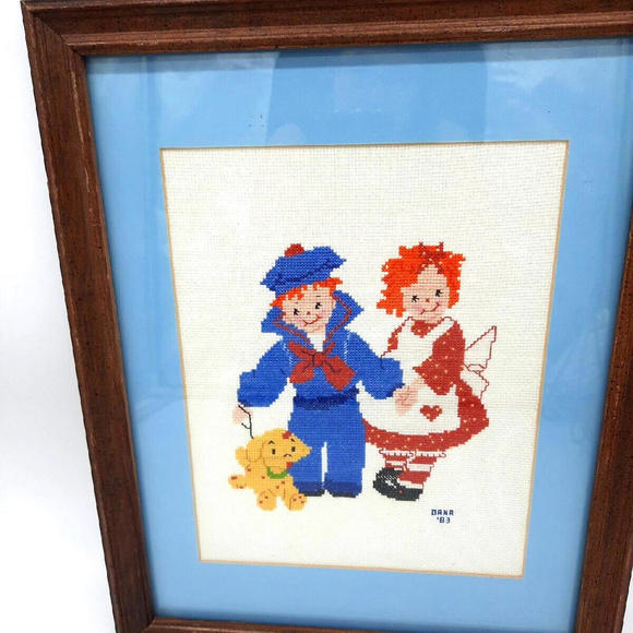 Vtg Raggedy Ann & Andy With Dog Arthur 12X15 Framed 1983 Needlepoint Picture - Picture 2 of 9